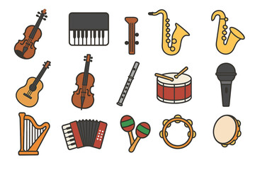 Collection of musical instrument icons featuring violin, piano, saxophone, guitar, and more