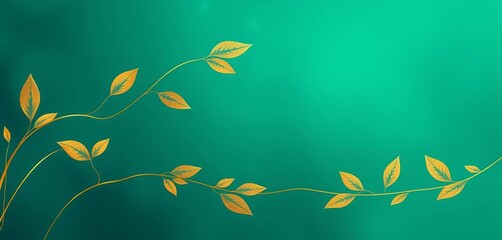 Naklejka premium Elegant golden leaves line art on a tidewater green and blue background , blue, fall