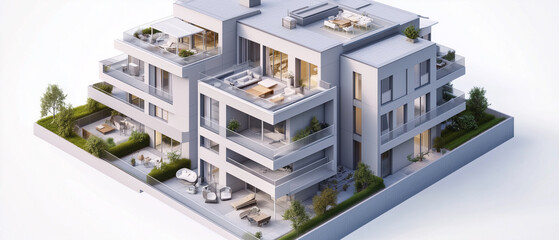 Isometric architectural model of a large modern apartment block