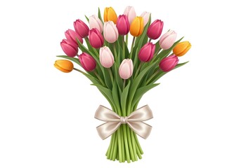 Vibrant Spring Bouquet of Colorful Tulips Tied with a Delicate Beige Bow