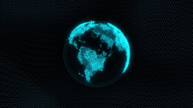 Futuristic rotating digital globe using glowing blue dots over a dark hexagonal grid background. representation of global data flow, technology connections, modern communication, virtual mapping.