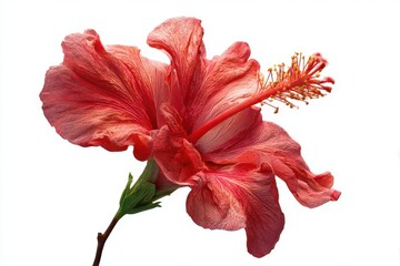 Vibrant coral pink hibiscus flower with delicate petals and stamens isolated on white background