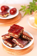 Vegan Date Walnut Squares with Red Glaze - Healthy Plant-Based Dessert Bars with Nuts and Dried Fruit