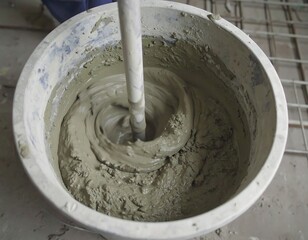 Fototapeta premium Mixing gray mortar in a large plastic bucket