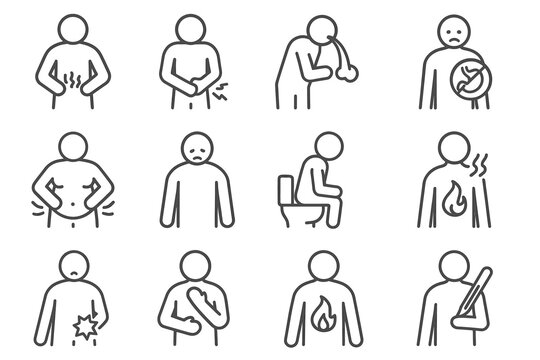 Black and white line drawings depicting digestive issues and symptoms