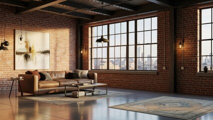 An industrial-style loft living room with a brick wall, leather sofa, and large windows.