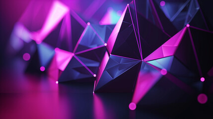 Shards of polygonal shapes are arranged in a complex formation, reflecting metallic surfaces and vibrant colors, creating an illuminated visual spectacle that showcases depth and movement