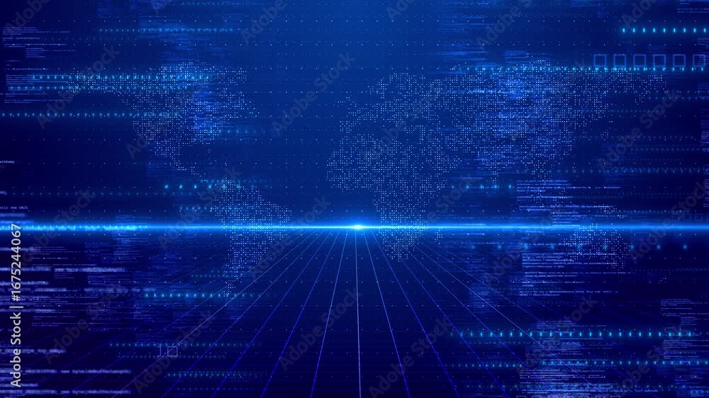 Poster video footage coding data streams futuristic digital floor grid, glowing dots forming world map, tec