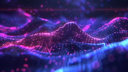 Cascading waves of layered polygons glow in bright neon cyan and pink, creating an immersive digital landscape
