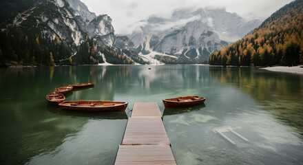 Serene Alpine Lake Dock with Wooden Boats and Mountain Backdrop on a Cloudy Day