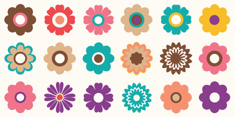 Collection of retro style floral graphics with bold colors and simple designs