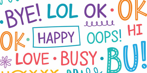 A vibrant and cheerful collection of handwritten words and phrases in various bright colors and fonts on a white background