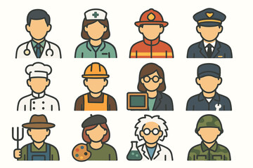 Diverse careers illustrated: various professional outfits and roles in simple icons