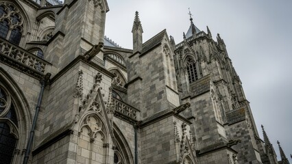 Fototapeta premium The detailed gothic architecture of a stone cathedral with gargoyles, viewed from below.