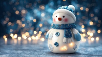 Cheerful Snowman Decoration Against Twinkling Holiday Lights