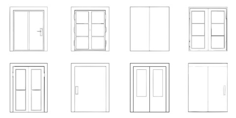 Collection of architectural line drawings featuring various doors and windows in a grid layout