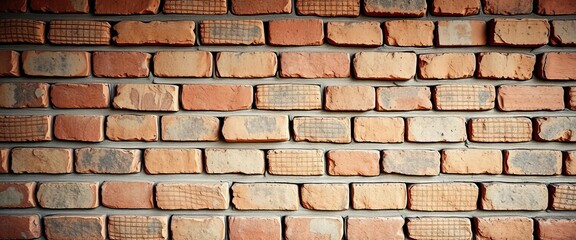 Obraz premium Rough textured brick wall, weathered and aged, showing mortar, brickwork, weathered