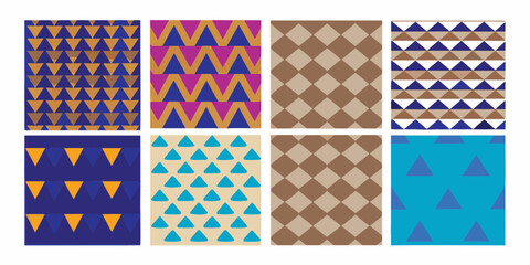 Collection of eight geometric patterns featuring triangles and diamonds in various color combinations and arrangements