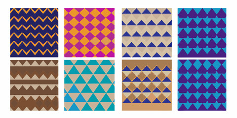Collection of eight colorful geometric patterns featuring zigzags diamonds and triangles in various color palettes