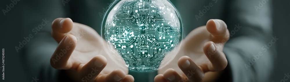 Poster a futuristic ai-generated holographic globe displaying glowing circuits, showcasing advanced technol
