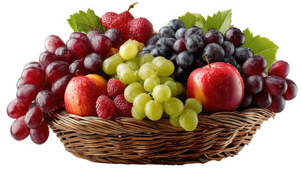 Assorted Fresh Fruits Including Red Apples Green And Black Grapes In A Basket isolated on transparent background