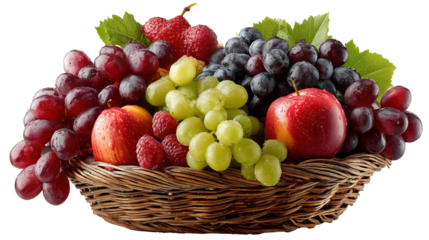 Assorted Fresh Fruits Including Red Apples Green And Black Grapes In A Basket isolated on transparent background