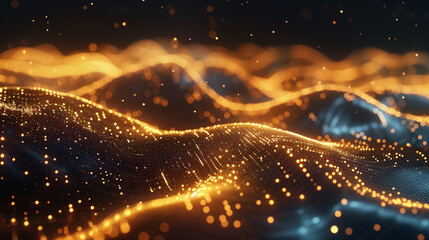 Obraz premium Golden light flows in rhythmic waves, creating a captivating data stream that is both luxurious and mesmerizing. This digital landscape pulses with energy and innovation