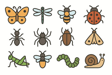 Fototapeta premium Collection of cartoon insects including dragonfly, snail, and butterfly
