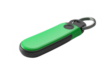 Green and gray keychain with metal ring, key finder, key locator, smart tracker, anti-lost device, bluetooth tracker isolated on transparent background