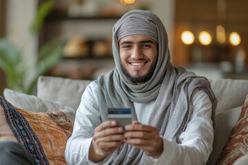 Portrait of a young Muslim man at home, sitting on the sofa, holding a credit card and mobile phone, smiling confidently at the camera with a sense of accomplishment, Generative AI