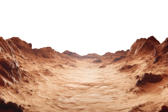 Vast Martian landscape featuring rugged terrain and distinct geological formations under an expansive transparent sky