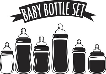 Baby bottle set illustration, feeding bottles, newborn essentials, infant care, black and white vector, baby feeding icons, milk container.