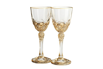 Two elegant crystal wine glasses with gold accents, luxury drinkware, vintage style, barware, celebration, party isolated on transparent background