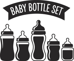 Baby bottle set illustration, feeding bottles, newborn essentials, infant care, black and white vector, baby feeding icons, milk container.