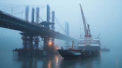 Aerial view of bridge construction site with crane and ship in foggy weather conditions near water