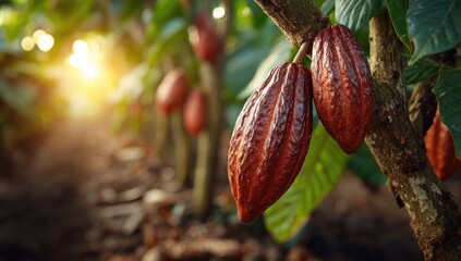 Cocoa pods on trees in a plantation, sunlight