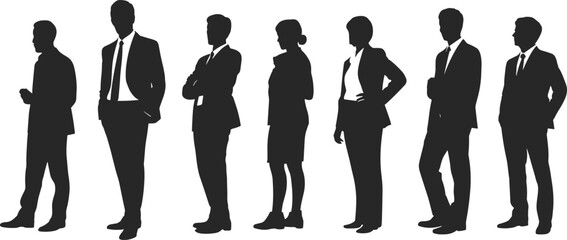 Business team standing silhouette, corporate professionals, men and women in suits, leadership, teamwork, strategy, business concept, office staff, success.
