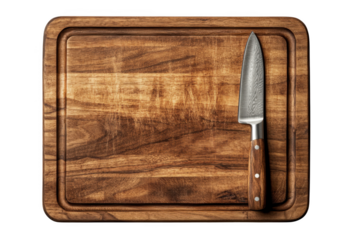 Wooden cutting board with knife, butcher block, wood grain texture, kitchen utensil, cooking tool, chef prep isolated on transparent background