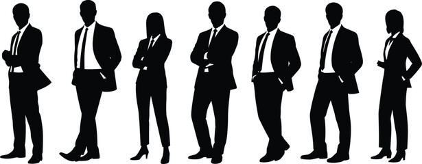 Business team standing silhouette, corporate professionals, men and women in suits, leadership, teamwork, strategy, business concept, office staff, success.
