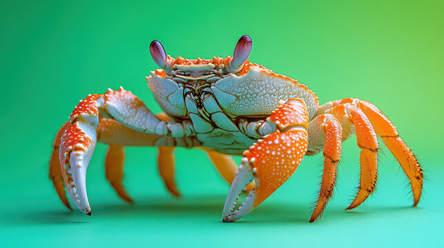 Vibrant orange crab with detailed textures stands against gradient green background, showcasing its claws and shell. image highlights crab intricate patterns and vivid colors
