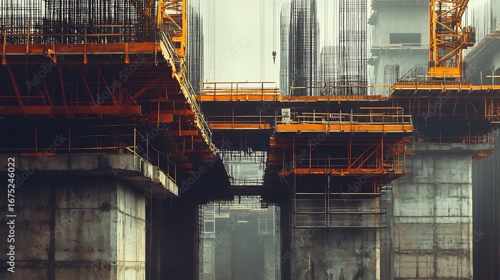 Poster construction site with crane and rebar for building project development and engineering design work 