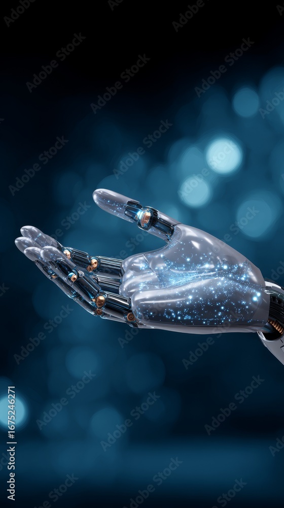 Poster robotic arm on blue background, future of automation and artificial intelligence in technological in