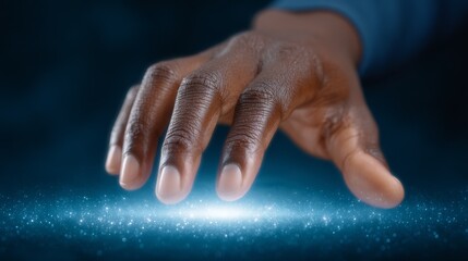 Fototapeta premium Reaching for the light, a hand extended towards glowing orb of hope and dreams.