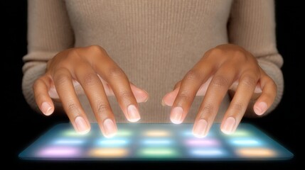 Woman's hands navigating a tablet, exploring the digital realm of information and connection.