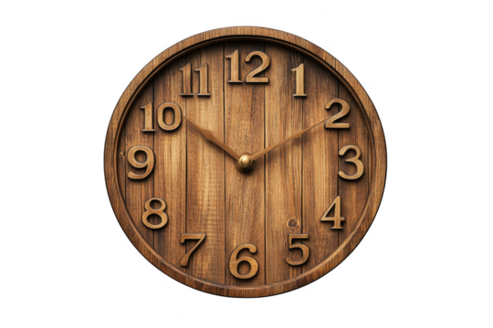 Wooden wall clock timepiece tick tock hour minute second vintage antique design isolated on transparent background