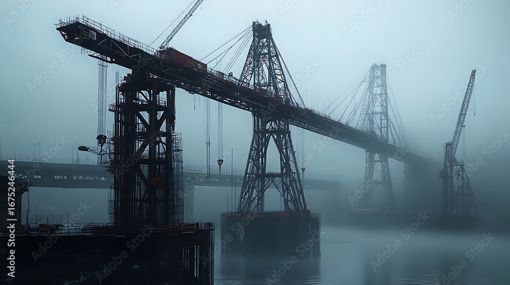 Poster dramatic bridge construction scene in dense fog showcasing engineering and infrastructure project pr