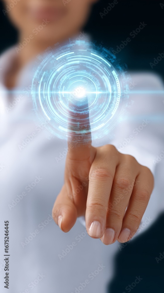 Aufkleber closeup of finger activating a round button, interface design and user interaction concept for moder