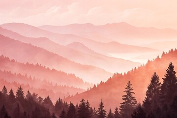 Obraz premium Misty Mountain Range with Pine Forest in Soft Pink Hues at Sunrise landscape nature