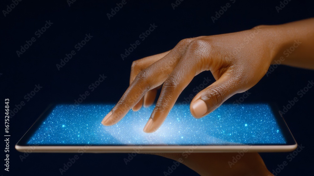 Aufkleber hand navigating tablet, exploring digital world through touchscreen interface.