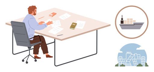 Businessman sitting at desk organizing paperwork and making notes with overlays of cargo ship and modern cityscape. Ideal for business, logistics, planning, trade, supply chain, urban development